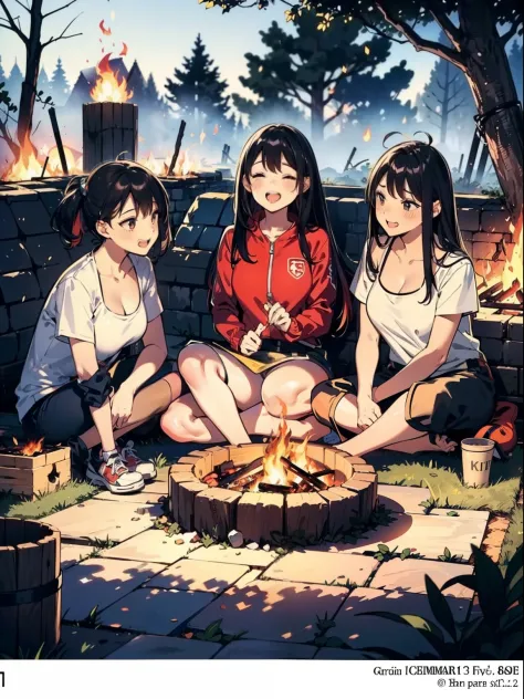 3 matured girls group shot, whole picture, (trio:1.2, sitting nearby fires, wearing parkers, outdoor fashion), (BBQ:1.2, camp fi...