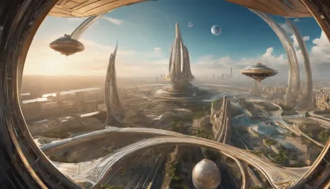 What photography，Ultra photo realsisim，Hyper-detailing，Ultra-wide-angle picture，24th century，sci fi city，and the sun was shining brightly，Tech City of the Future，Oval building，Suspended circular aircraft，Roads leading in all directions，highly detailed surr...