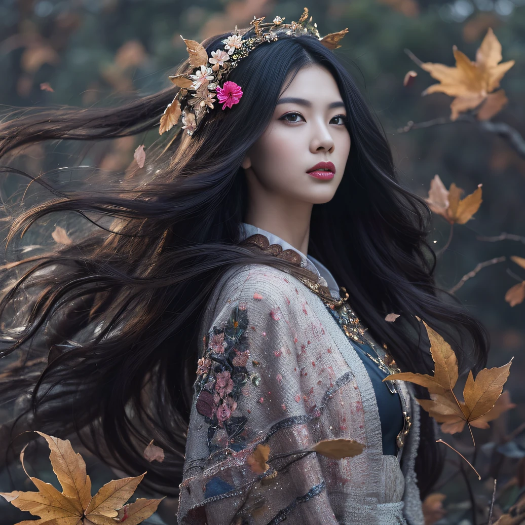 32K（tmasterpiece，k hd，hyper HD，32K）Long flowing black hair，ponds，zydink， a color， Aozhou people （Concubine girl）， （Purple silk scarf）， Combat posture， looking at the ground， long whitr hair， Floating hair， Carp pattern headdress， Chinese long-sleeved clothing， （Abstract gouache splash：1.2）， Pink petal background，Pink and white lotus flowers fly（realisticlying：1.4），Black color hair，Fallen leaves flutter，The background is pure， A high resolution， the detail， RAW photogr， Sharp Re， Nikon D850 Film Stock Photo by Jefferies Lee 4 Kodak Portra 400 Camera F1.6 shots, Rich colors, ultra-realistic vivid textures, Dramatic lighting, Unreal Engine Art Station Trend, cinestir 800，Long flowing black hair，Denim skirt