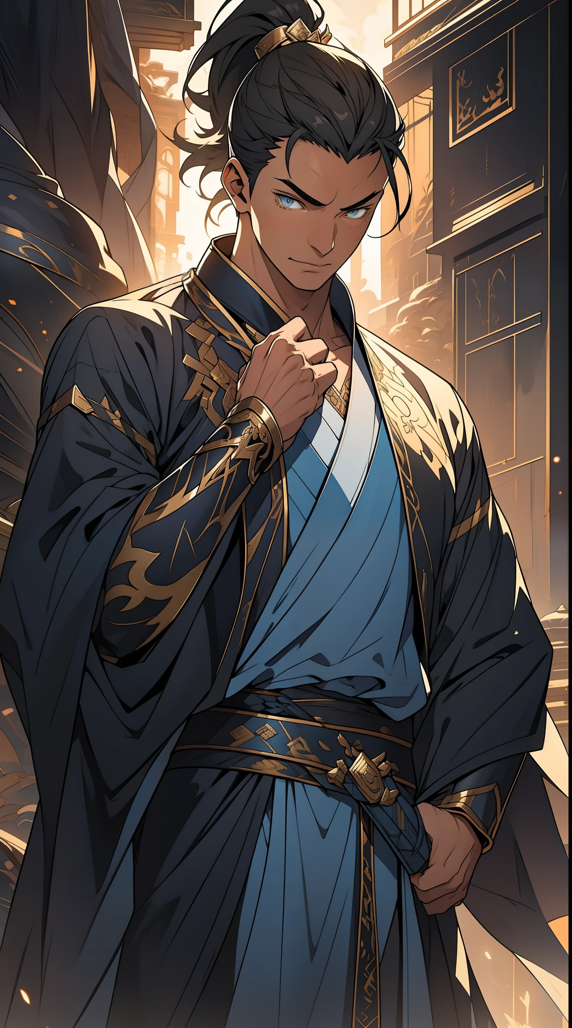 quadratic element，style of anime，mtu（Male Warrior），The proportions are correct，Face details，swordsmen，High ponytail hairstyle，Neck details，There is an Adam's apple，Blue suit，kaftan，long blue robes，clothes details，Handing over，longer sleeves，Game quality，Swordsmanship，Light and shadow tracking，Ray traching，detailed glow，cg render，hair detail，Black long hair，blue colored eyes，Handsome，Handsome，（juvenile sense），Clothing is complicated，Perfectcomposition，Refinement，high qulity，higher details，Lots of details，The background is complex，a sense of atmosphere，