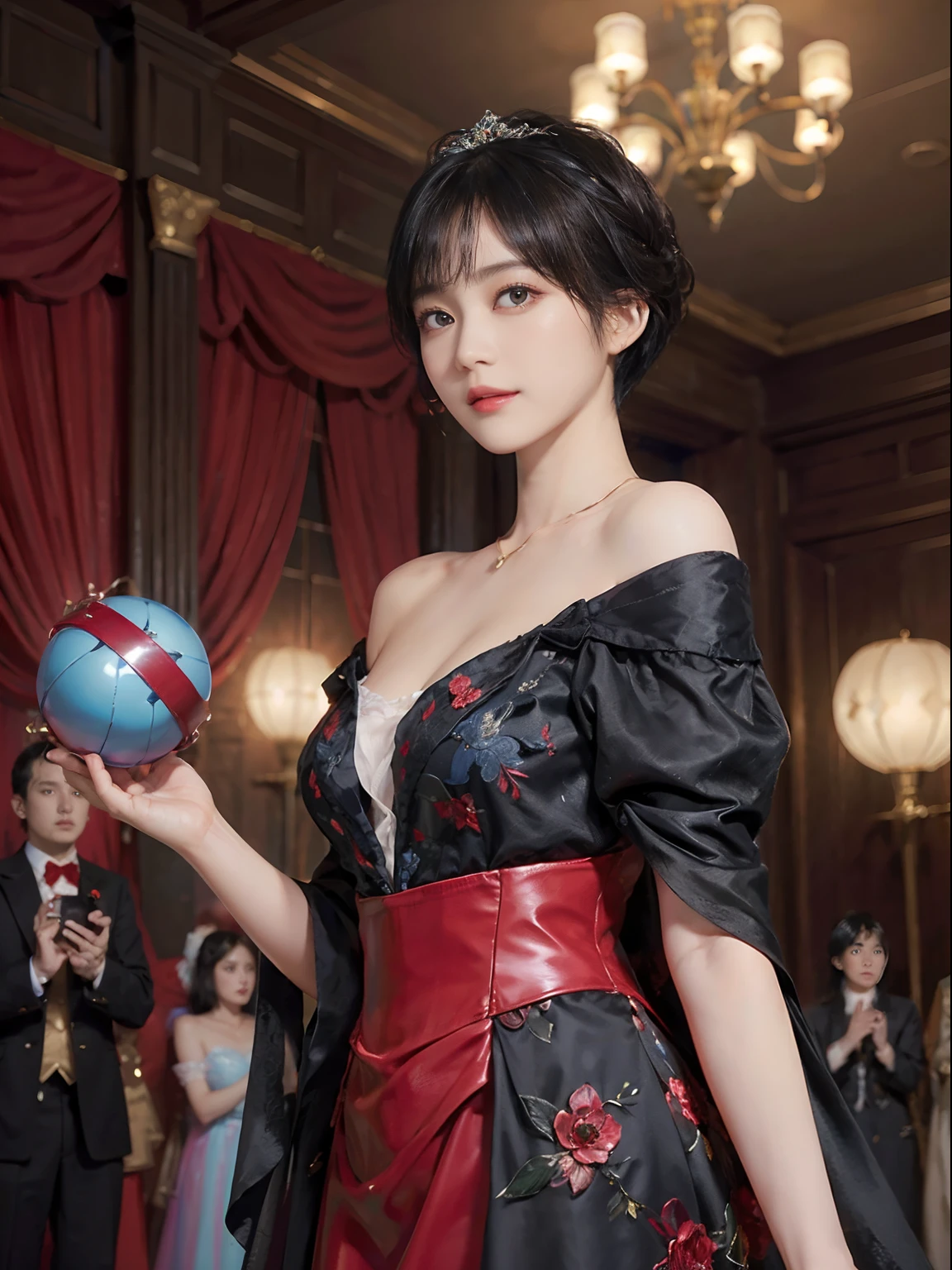 ((1womanl)),  (((Black-short-hair))), （masuter piece：1,3）、top-quality、​masterpiece、hight resolution、Original、highly detailed wallpaper、dress code、Luxurious necklace, (A slight smil)、a small face、((breast))、(Red and blue dresses)、(light on face)、Live-action style, Beautiful facial features, darkened room, ((Hu Dilan)), Masquerade, (fancy-dress ball), masquerade ball, masquerade 