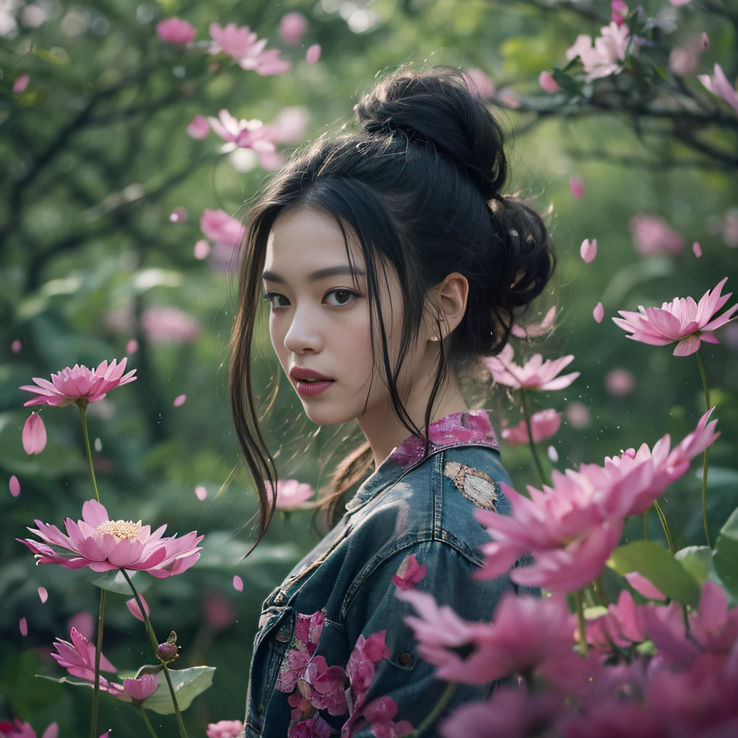 32K（tmasterpiece，k hd，hyper HD，32K）Long flowing black hair，ponds，zydink， a color， Aozhou people （Concubine girl）， （Purple silk scarf）， Combat posture， looking at the ground， long whitr hair， Floating hair， Carp pattern headdress， Chinese long-sleeved clothing， （Abstract gouache splash：1.2）， Pink petal background，Pink and white lotus flowers fly（realisticlying：1.4），Black color hair，Fallen leaves flutter，The background is pure， A high resolution， the detail， RAW photogr， Sharp Re， Nikon D850 Film Stock Photo by Jefferies Lee 4 Kodak Portra 400 Camera F1.6 shots, Rich colors, ultra-realistic vivid textures, Dramatic lighting, Unreal Engine Art Station Trend, cinestir 800，Long flowing black hair，Denim skirt