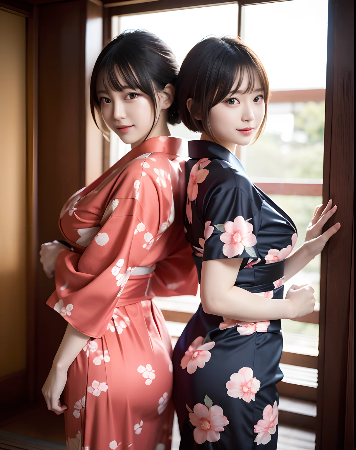 The beauty of two people in yukata、middlebreasts、Japan woman in yukata posing for photo, In a yukata with slits, in yukata, Highly detailed yukata, artwork in the style of guweiz, beautiful alluring female, goddess of Japan, photorealistic girl render,  Japanese Yukata, Kimono, Classic Yukata, elegant japanese woman, [ 4 k digital art ]!!、short-hair、a necklace、耳Nipple Ring、Japanese garden、the collar is closed、I can't see the valley、Two people hugging each other's hips together、Turn your butt to the viewer:1.5、Looking back here、Eyes meet、Poses to seduce、The shape of the buttocks is faintly visible from the top of the clothes.