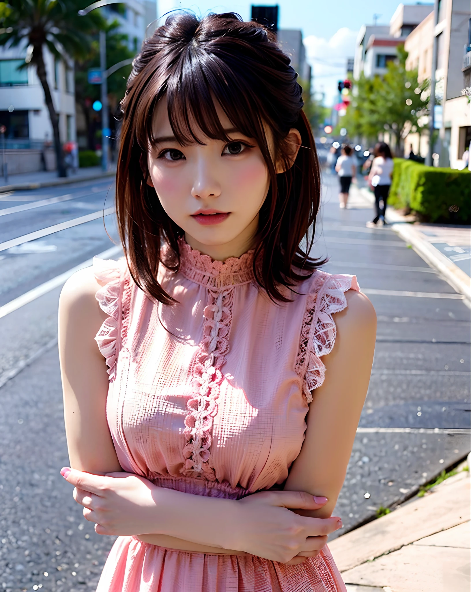 a woman posing on the street corner with pink dress on, best quality, high res, 8k, 1girl, (huge breasts), day, bright, outdoor, (street:0.8), (people, crowds:1), (lace-trimmed dress:1.5, pink clothes:1.5, pink high-neck dress:1.5, sleeveless dress, pink dress: 1.5), gorgeous, (medium hair), beautiful detailed sky, beautiful earrings, (dynamic pose:0.8), (upper body:1.2), soft lighting, wind, shiny skin, looking at viewer,