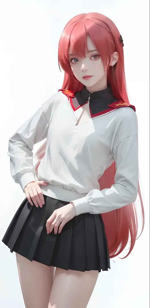1girl, hand on hip, solo, long hair, jewelry, red eyes, skirt, ring, red hair, alternate costume, wedding band, simple background, white background, looking at viewer, pleated skirt, long sleeves, blush, black skirt, shirt, cowboy shot