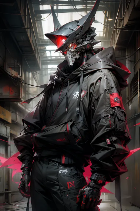 There is a boy wearing a ghost mask and a black hoodie，With a knife in his hand, Hyper-realistic cyberpunk style，Digital cyberpunk anime style，red colors