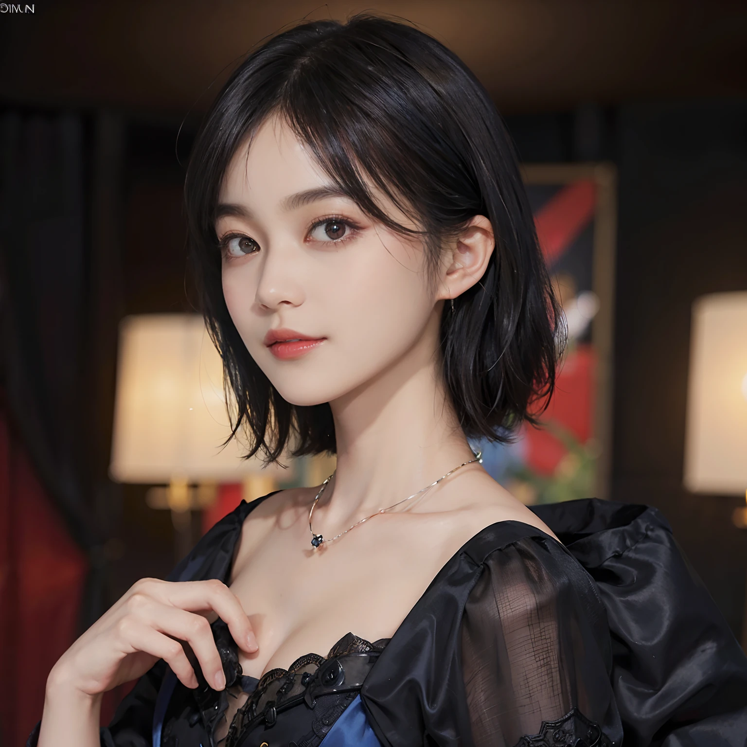 ((1womanl)),  (((Black-short-hair))), （masuter piece：1,3）、top-quality、​masterpiece、hight resolution、Original、highly detailed wallpaper、dress code、Luxurious necklace, (A slight smil)、a small face、((breast))、(Red and blue dresses)、(light on face)、Live-action style, Beautiful facial features, darkened room, ((Hu Dilan)), Masquerade, (fancy-dress),masquerade party