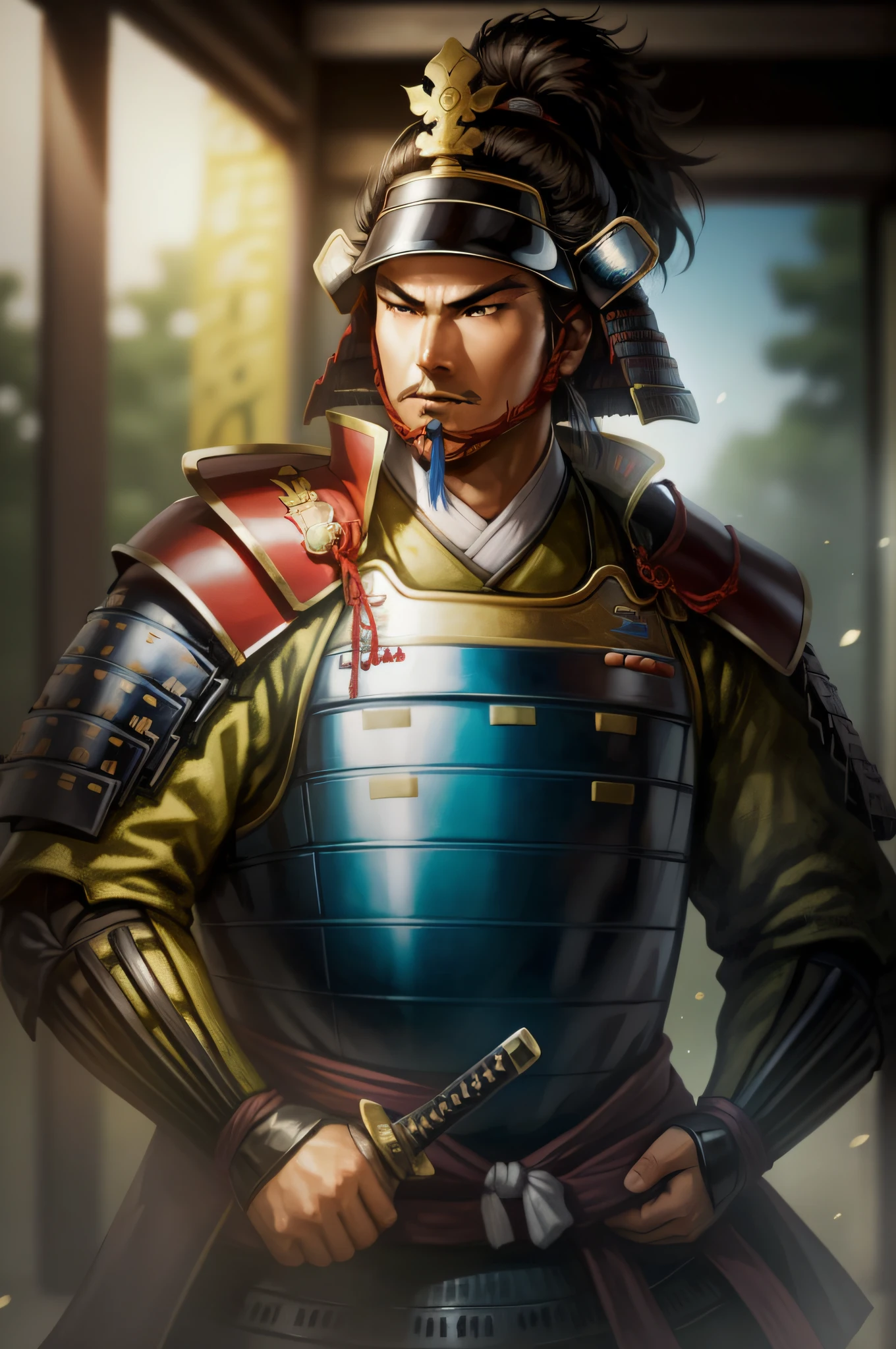 8k、RAW Photography、top-quality、hight resolution:1.2)、(realisitic、Photorealsitic:1.37),holds a sword, borgar , dynasty warriors, Zhao Yun, chinese warrior, chinese armor, japanese warrior, epic samurai warrrior, Warring states period、Tokugawa Ieyasu、a little fat、cyan colors