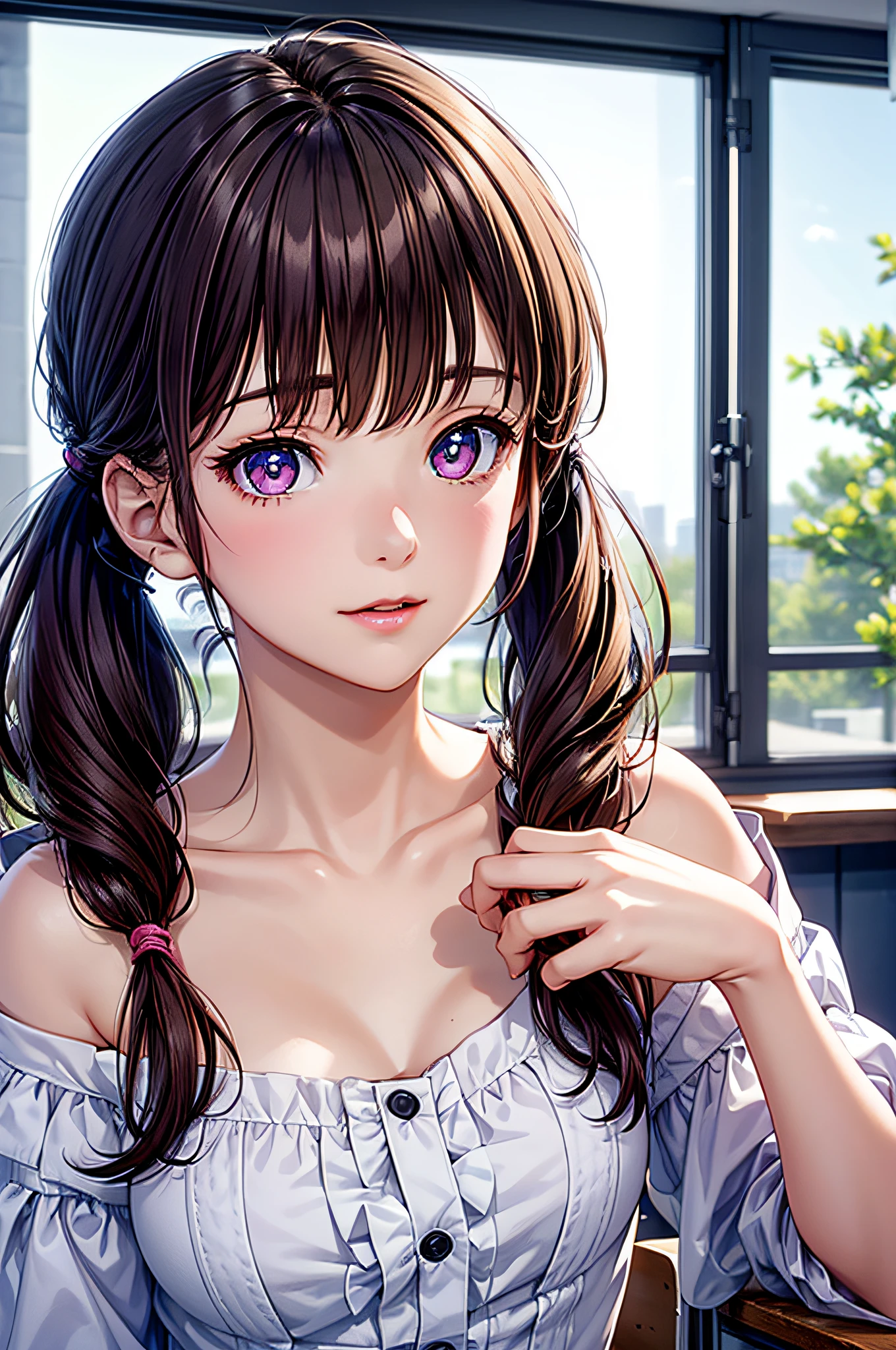 ((1girl in)), ((Best Quality)), (Ultra-detailed), (extremely detailed CG unified 8k wallpaper), Highly detailed, High-definition raw color photos, Professional Photography, (Twintails), Brown hair, Amazing face and eyes, Pink eyes, (amazingly beautiful girl), School, classroom, off shoulder,