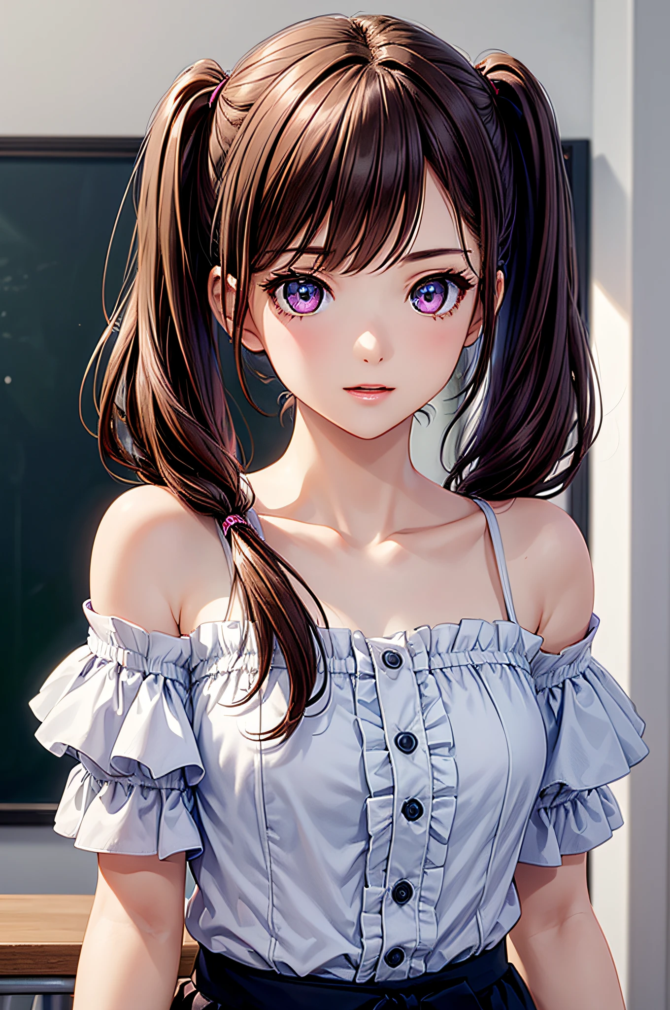 ((1girl in)), ((Best Quality)), (Ultra-detailed), (extremely detailed CG unified 8k wallpaper), Highly detailed, High-definition raw color photos, Professional Photography, (Twintails), Brown hair, Amazing face and eyes, Pink eyes, (amazingly beautiful girl), School, classroom, off shoulder,