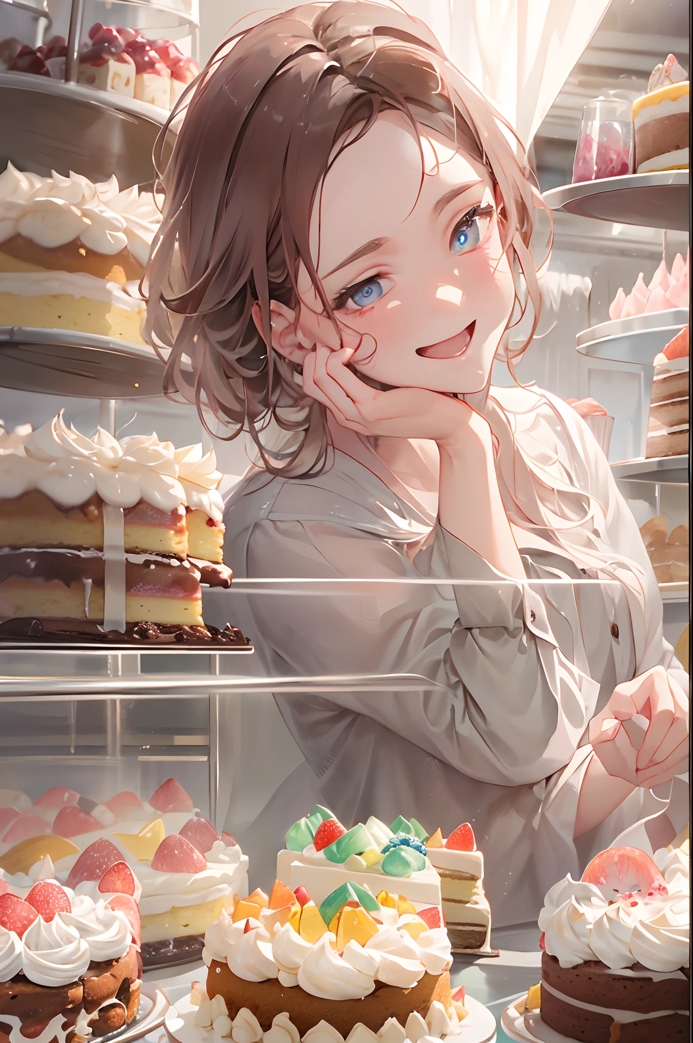 (transmitted: small happiness) Today is a special day, so I buy a delicious cake at a slightly expensive cake shop. The colorful cakes, tarts with lots of fruit, and melt-in-your-mouth sweet chocolate cakes all look delicious. Character/// The dumpling-headed woman looking at the cake showcase, looking supremely happy just looking at the cakes. Happy and distressed, wondering which one to choose. Background/// High-end cake shop. The detailed decorations are beautiful and give the store an upscale look.effect///Fluffy pastel colors.fine brushes,（XF 35mm F1.4 R,F1.4,maximum aperture,become blunt:1.5） Rough, detailed watercolour, soft and fantastic, pastel, Fluffy, (extremely fine and beautiful), (perfect detail)、(pastel color),Soft texture:1.2.(masutepiece, Best Quality), (finely detailed beautiful eye), (finely detailed eyes and detailed face),The tones are also visibly luminous.Pale blurred contours,Unobtrusive lighting, moody atmosphere,subtle highlights