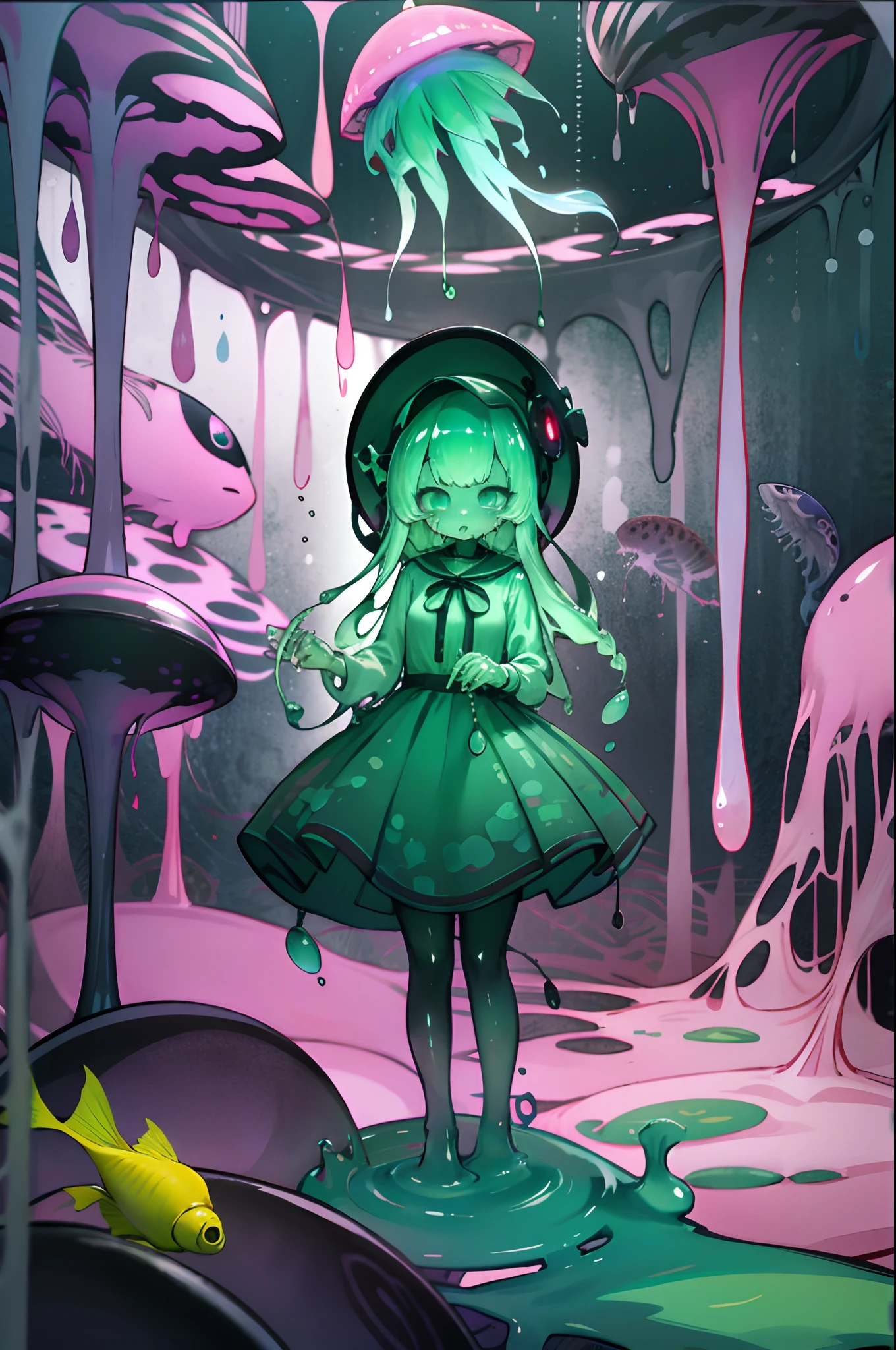 Anime , Slime girl, , Green all over, abyssal, Jellyfish head, Fish