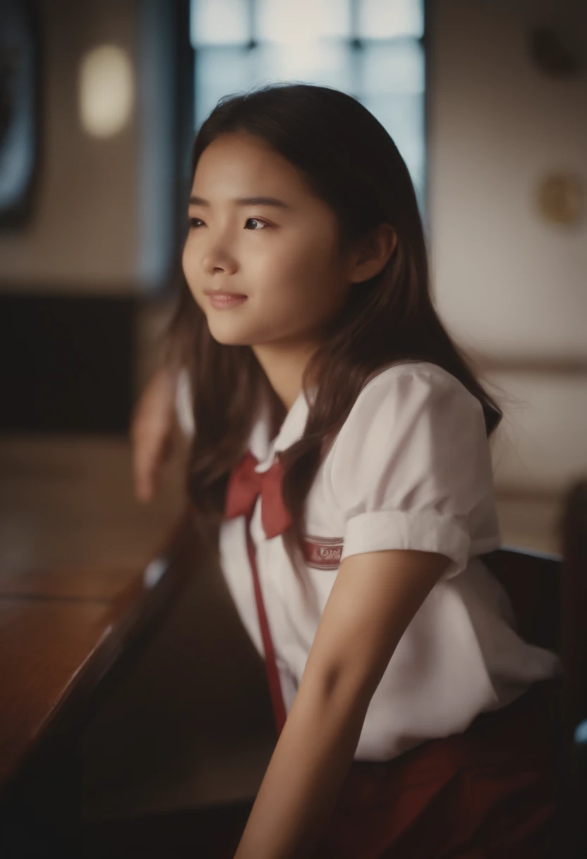 A close up of a young girl sitting at a table - SeaArt AI