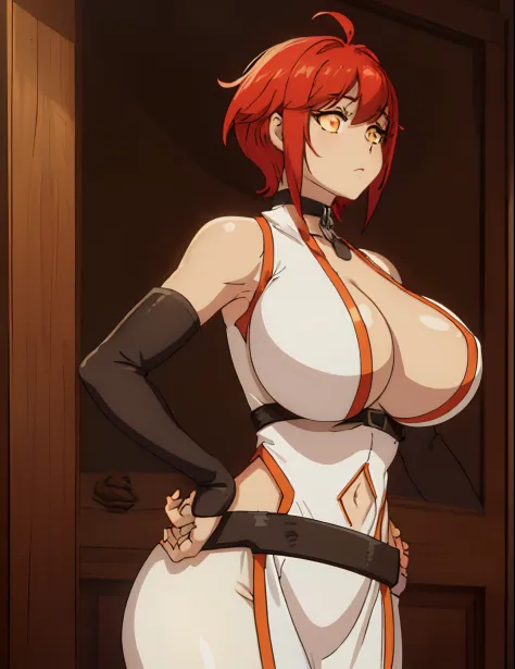 place：(day:1.7), in forest village, wooden kitchen ,brick_wall,

action：dungeon, standing, (large breast:1.5), dynamic pose,

trappings：(White_Sleeveless_Shirt:1.2),(Black_Choker),arm_strap, armband, bare_shoulders,red pants,belt,Deep_cleavage,(navel:1.1),...