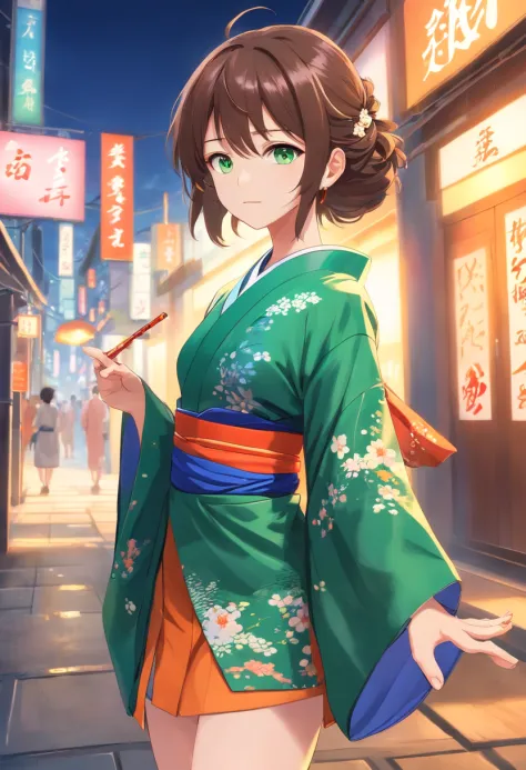 ((Kimono girl)), ((Best quality)), ((Masterpiece)), ((Realistic)), full bodyesbian，Barefoot，There are tattoos on the legs,Jumping action，The sole of the foot has a ring on the thumb, Hair with metal hair accessories，Long hair, ((Green eyes)), Female face, ...
