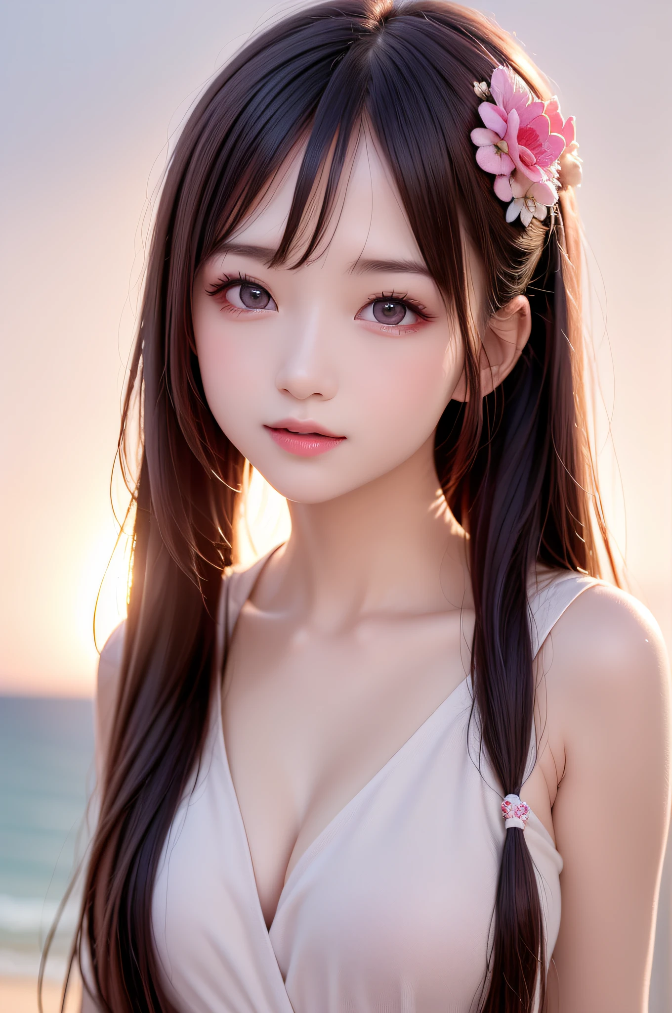 (1 young girl), (extremely detailed beautiful face), Amazing face and eyes, (Best Quality:1.4), (Ultra-detailed), (extremely detailed CG unified 8k wallpaper), Highly detailed, High-definition raw color photos, Professional Photography, Amazing face and eyes, Pink eyes, Twintails, Brown hair, Model, big, (((Bokeh))), depth of fields, Beach, Twilight, Sunset