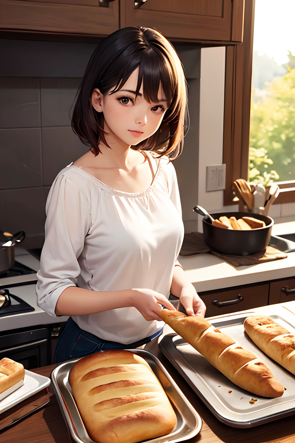 (mejor calidad:1.2), Fotorrealista, La chica saca el pan horneado del horno..
Escena en la cocina por la mañana --auto