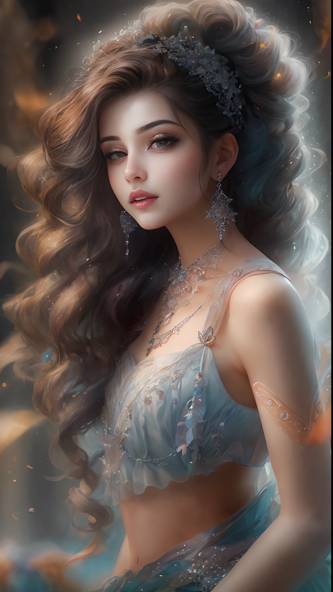 (Best quality, 4K, 8K, A high resolution, Masterpiece:1.2), Ultra-detailed, Realistic portrait, Beautifully detailed eyes, beautiful detailed lips, Detailed expression, Graceful posture, Dreamy atmosphere, Dark-toned background, expressive brush strokes, mystical ambiance, Artistic interpretation,Beautiful braided hair，Exquisite jewelry， Amazing little fresh style costume, a whimsical illustration, Subtle colors and tones, mystical aura,Details have been upgraded