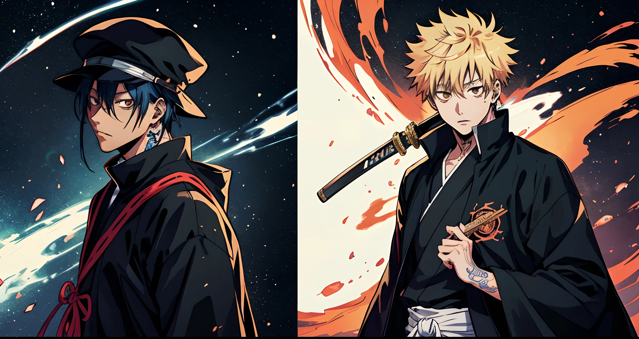 Two anime characters with swords and a hat on - SeaArt AI