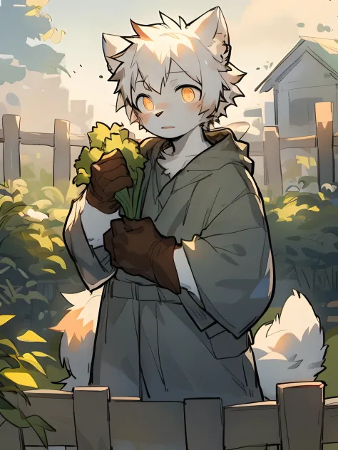 masterpiece, best quality, perfect anatomy, bright eyes, watery eyes, by milkytiger1145, furry, wolf, (felis:0.3), muscular male, solo, clothed, baggy clothing, gloves, holding vegetable, vegetable garden, fence