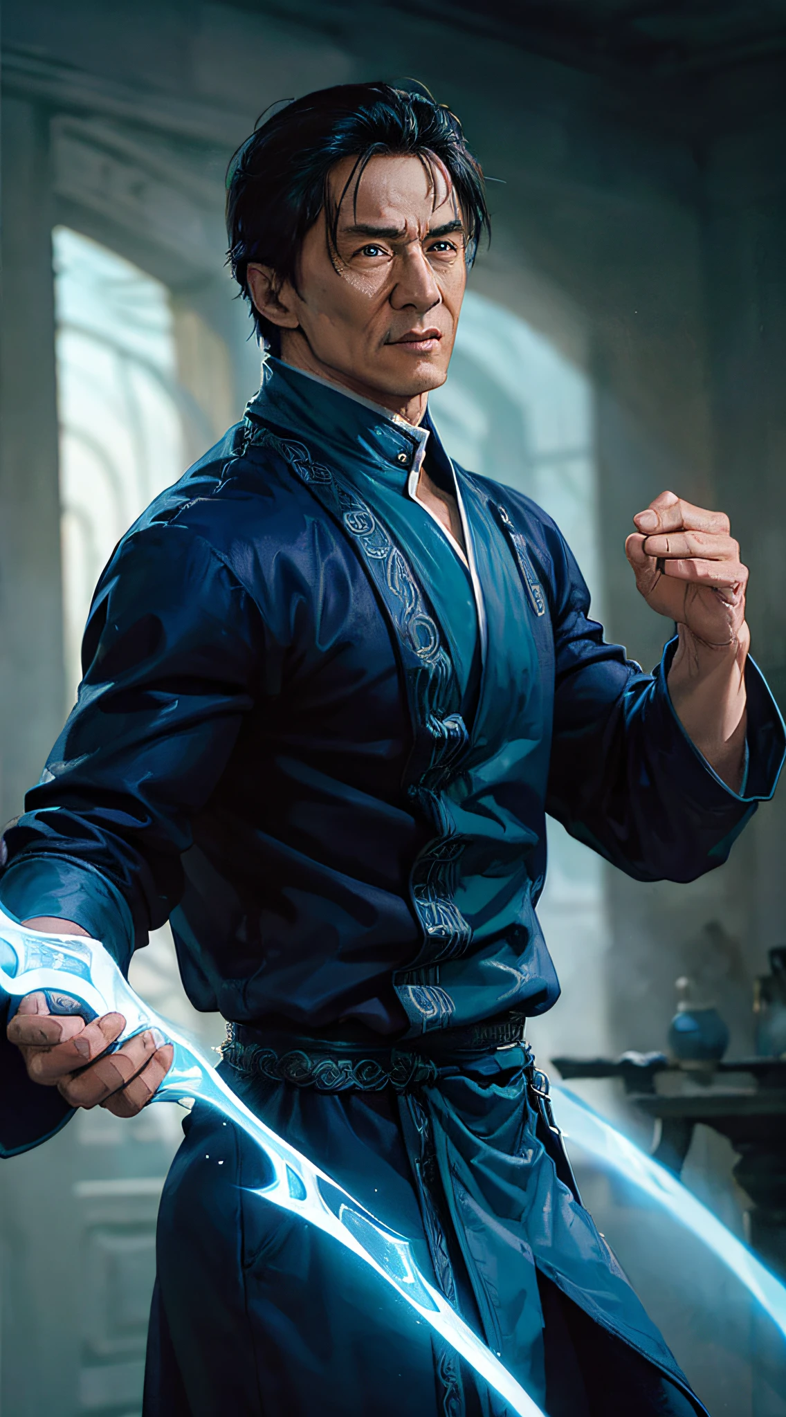 actor ((Jackie Chan)) as Shang Tsung, Mortal Kombat, ((old)), sinister-looking, ((bald spot)), ((goatee)), dark blue long robe, green transparent souls on background, intricate, high detail, sharp focus, dramatic, photorealistic painting art by greg rutkowski
