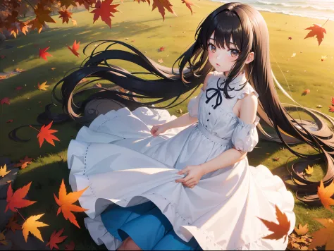 Pretty girl　You can see the sea in the distance　A park on a hill with autumn leaves　Blue color long hair　Black eyes　Yellow and white dress　Very Beautiful Little Girl　Photo of falling leaves fluttering　Face Highlights