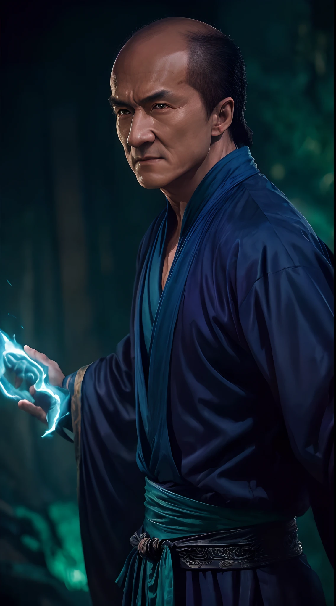 actor ((Jackie Chan)) as Shang Tsung, Mortal Kombat, ((old)), sinister-looking, ((bald spot)), ((goatee)), dark blue long robe, green transparent souls on background, intricate, high detail, sharp focus, dramatic, photorealistic painting art by greg rutkowski