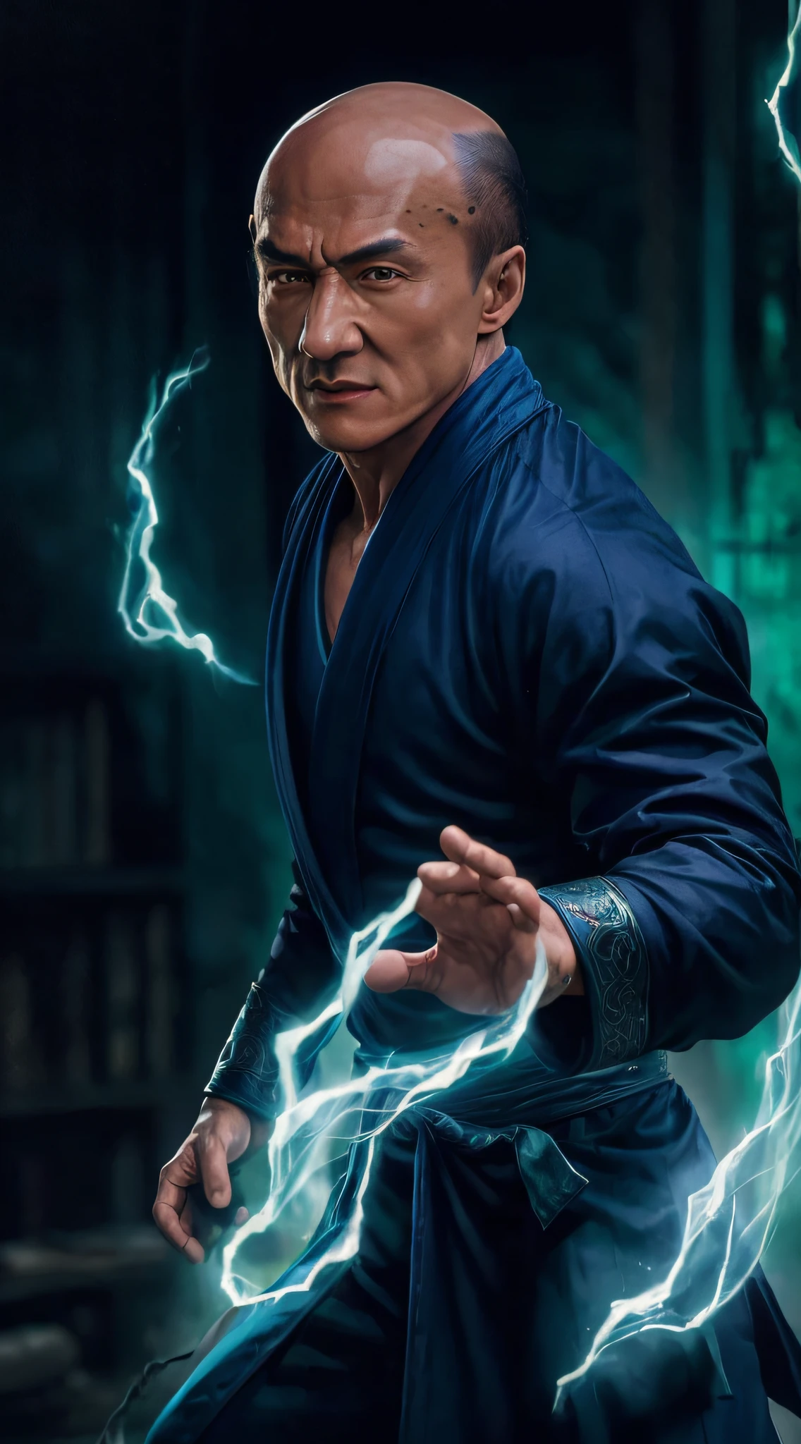 actor ((Jackie Chan)) as Shang Tsung, Mortal Kombat, ((old)), sinister-looking, ((bald spot)), ((goatee)), dark blue long robe, green transparent souls on background, intricate, high detail, sharp focus, dramatic, photorealistic painting art by greg rutkowski