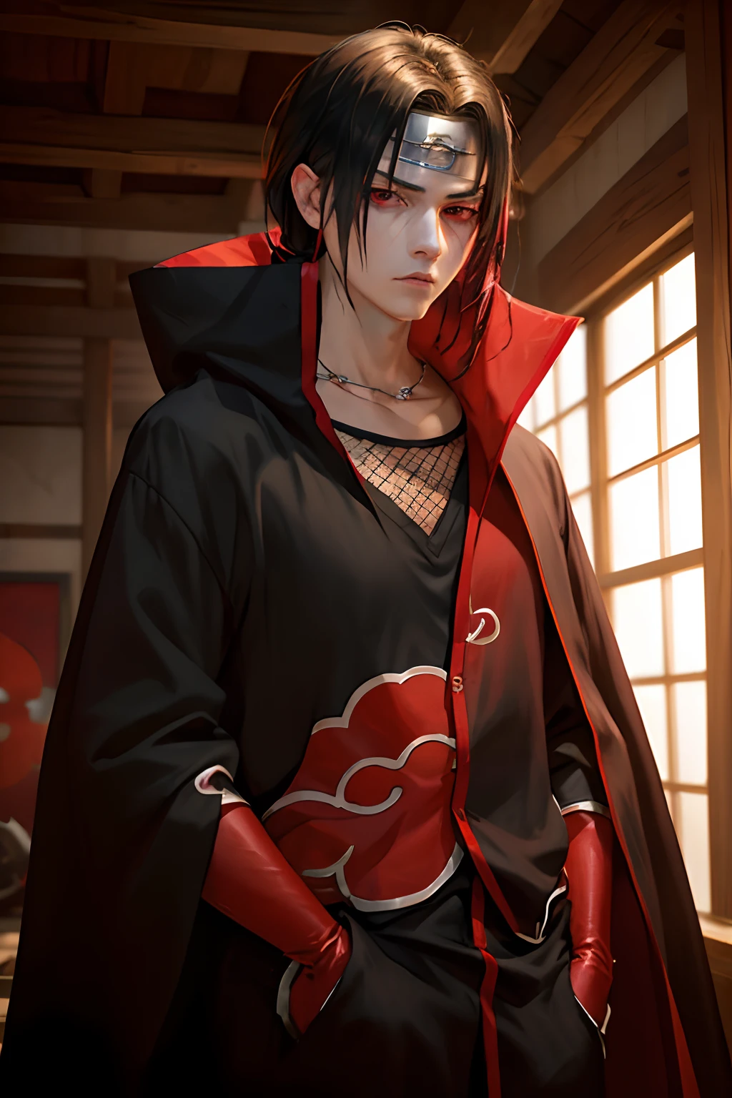 (masterpiece, best quality:1.2), red theme, cowboy shot, solo, male focus, 1boy, uchiha itachi, expressionless, closed mouth, looking at viewer, forehead protector, ninja, cloak, high collar, jewelry, necklace