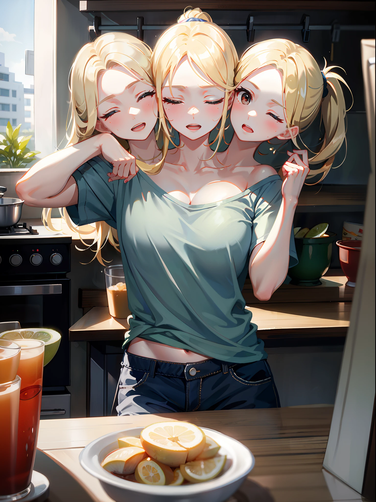 (masterpiece, best quality), best resolution, (3heads:1.5), 1girl, weary, headache, hangover, in pain, dizzy, blond hair, brown eyes, one eye closed, open mouth, light blue t-shirt, tan pants, hand on forehead, apartment kitchen