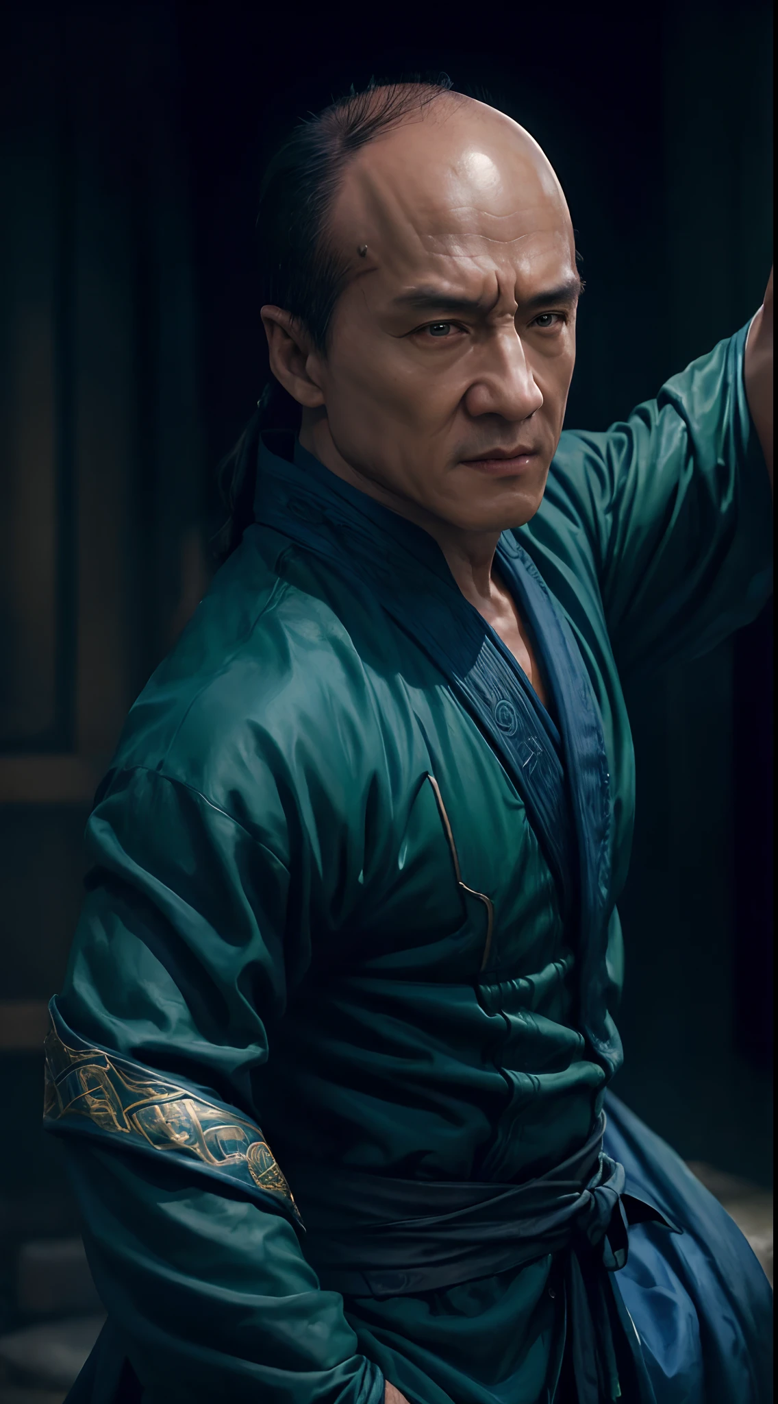 actor ((Jackie Chan)) as Shang Tsung, Mortal Kombat, ((old)), sinister-looking, ((bald spot)), ((goatee)), dark blue long robe, green transparent souls on background, intricate, high detail, sharp focus, dramatic, photorealistic painting art by greg rutkowski