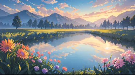 sunset, lake, meadows, bright sun, blue sky, stars, big clouds, 4k, stunning, sharp, intricate details, (high resolution: 1.5), ...