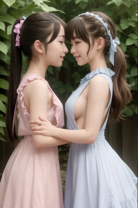 (2girls same age:1.2) , couple focus, japanese girls, adorable, 14yo, upper body,high saturation,  frilled backless summerdress,twintails, (smile),    hair Scrunchie, low contrast, best quality, ultra highres, photo realistic, ultra detailed, 8k, raw photo...