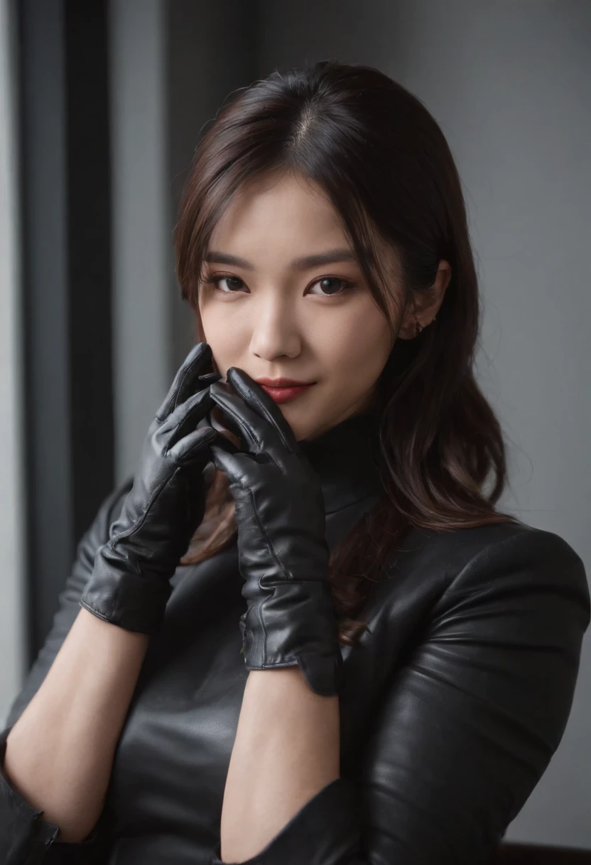 I'm wearing black leather gloves up to my fingertips in both hands and