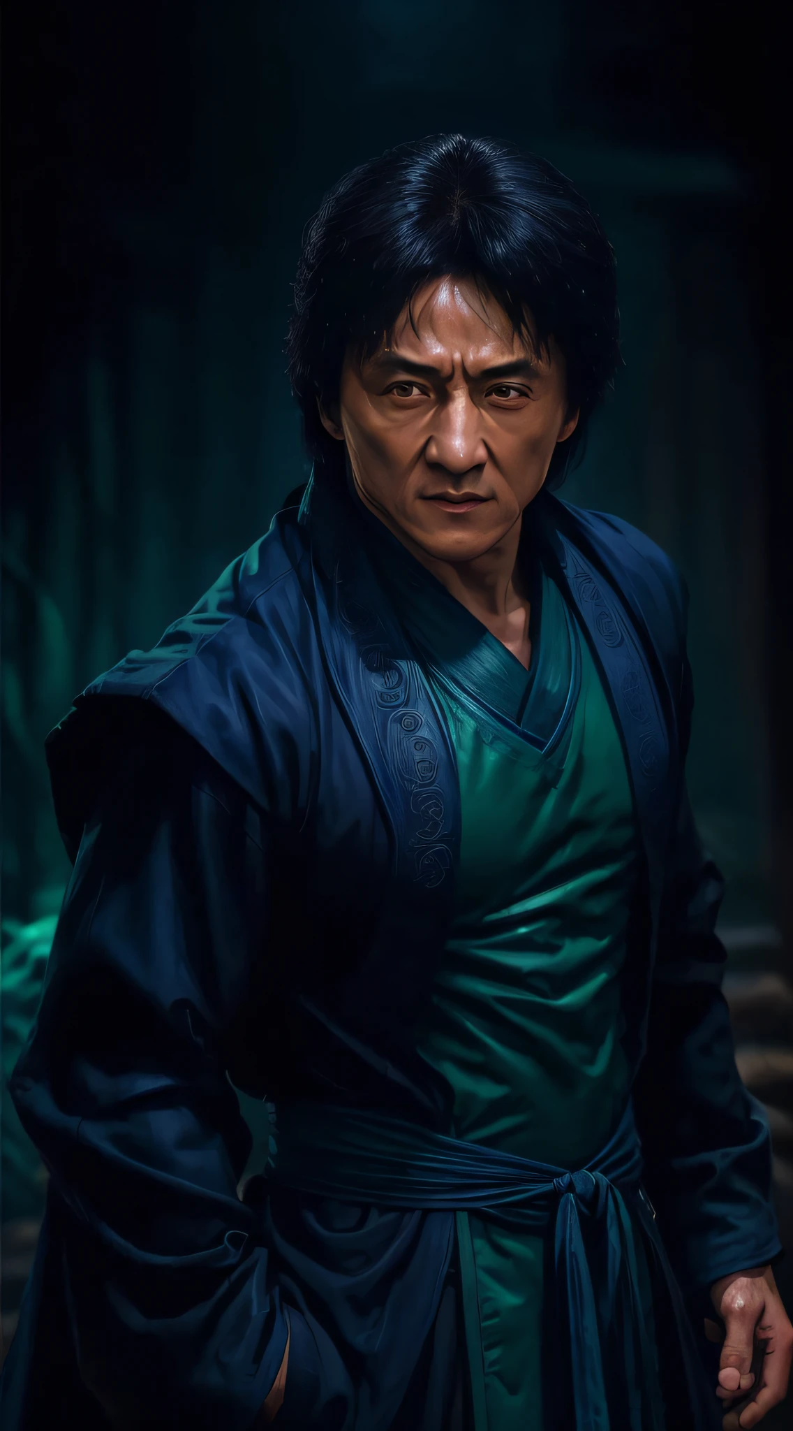 actor ((Jackie Chan)) as Shang Tsung, Mortal Kombat, ((old)), sinister-looking, ((bald spot)), ((goatee)), dark blue long robe, green transparent souls on background, intricate, high detail, sharp focus, dramatic, photorealistic painting art by greg rutkowski