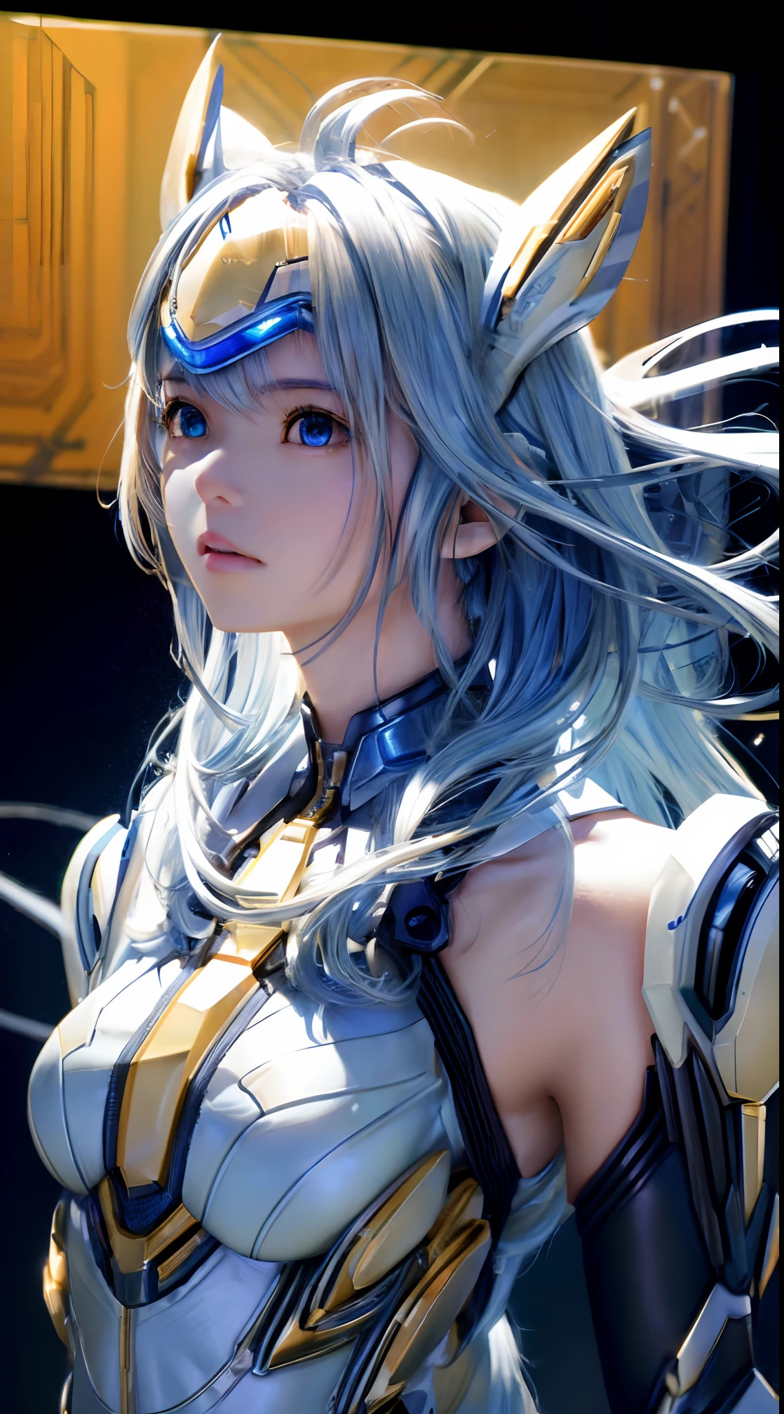 top-quality、​masterpiece、超A high resolution、(Photorealsitic:1.4)、女の子1人、Light blue hair、Straight hair, shiny and clean hair、White shiny skin、Sexy Cyberpunk Girl、((super realistic details))、Shadow、octan render、ultrasharp、hyperdetailed face、Fiberglass、Luminous tube、highly intricate detail、Realistic light、CGSoation Trends、((Golden Eyes))、(Facing the camera)、neon details、Mechanical limbs、Mechanical vertebrae attached to the back、mechanical cervical attaching to neck、Wires and cables connecting to the head、((valkyrie))、Combat stance、cosmic space