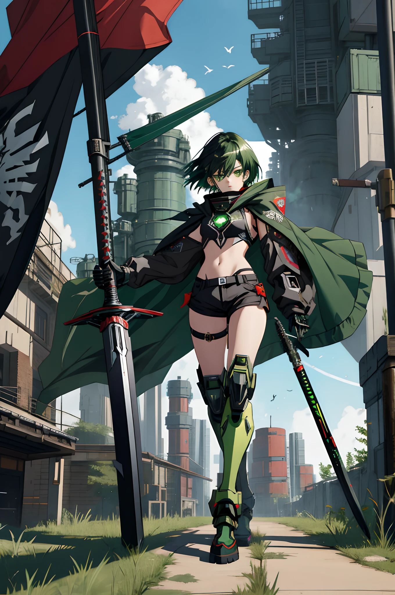 Anime girl standing on the ground，Black cape and green hair, rogue anime girl, the anime girl is crouching, Wearing a cloak on the blasted plain, asuka suit under clothes!, holy cyborg necromancer girl, badass posture, mechanic punk outfit, anime styled 3d, render of a cute 3d anime girl, gapmoe yandere grimdark, Female character，Muscle 2.0，Glowing green eyes，Black hair with green gradient，short detailed hair，Bunched hair，Dull hair，（1.5）Tomboyish，Be red in the face，looking at viewert，There was a mech next to her，One-eyed mech，The mech extends its shield to protect her，Round shield，Humanoid mech，Elaborate Eyes，The left leg is mechanical，Combat posture，Green bandeau，Black hot pants，Tall girls，By mecha，Mermaid line，huge tit，1.5，Fluttering cape，Mechanical windproof masks，Take off your gas mask，Flag with coat of arms，Yingqi royal sister，Black mechanical legs，Broken flag，Long sword