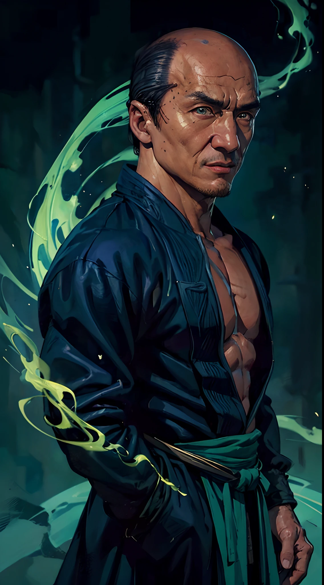 actor ((Jackie Chan)) as Shang Tsung, Mortal Kombat, ((old)), sinister-looking, ((bald spot)), ((goatee)), dark blue long robe, green transparent souls on background, intricate, high detail, sharp focus, dramatic, photorealistic painting art by greg rutkowski