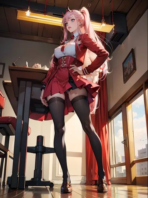 Zero two anime character, best quality, masterpiece, whole body, hair pink, perfect and defined body,  Simon Bisley style, whole body, red clothes massive tits, very muscular, brown loafer shoes, huge breasts, thick thighs, long legs, thin waist, arched ba...