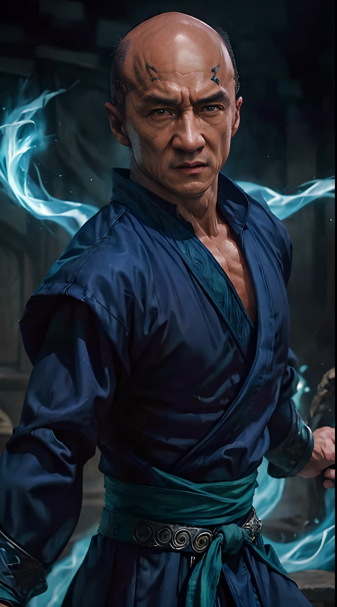 actor ((Jackie Chan)) as Shang Tsung, Mortal Kombat, ((old)), sinister-looking, ((bald spot)), ((goatee)), dark blue long robe, green transparent souls on background, intricate, high detail, sharp focus, dramatic, photorealistic painting art by greg rutkowski