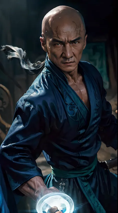 actor ((jackie chan)) as shang tsung, mortal kombat, ((old)), sinister-looking, ((bald spot)), ((goatee)), dark blue long robe, ...