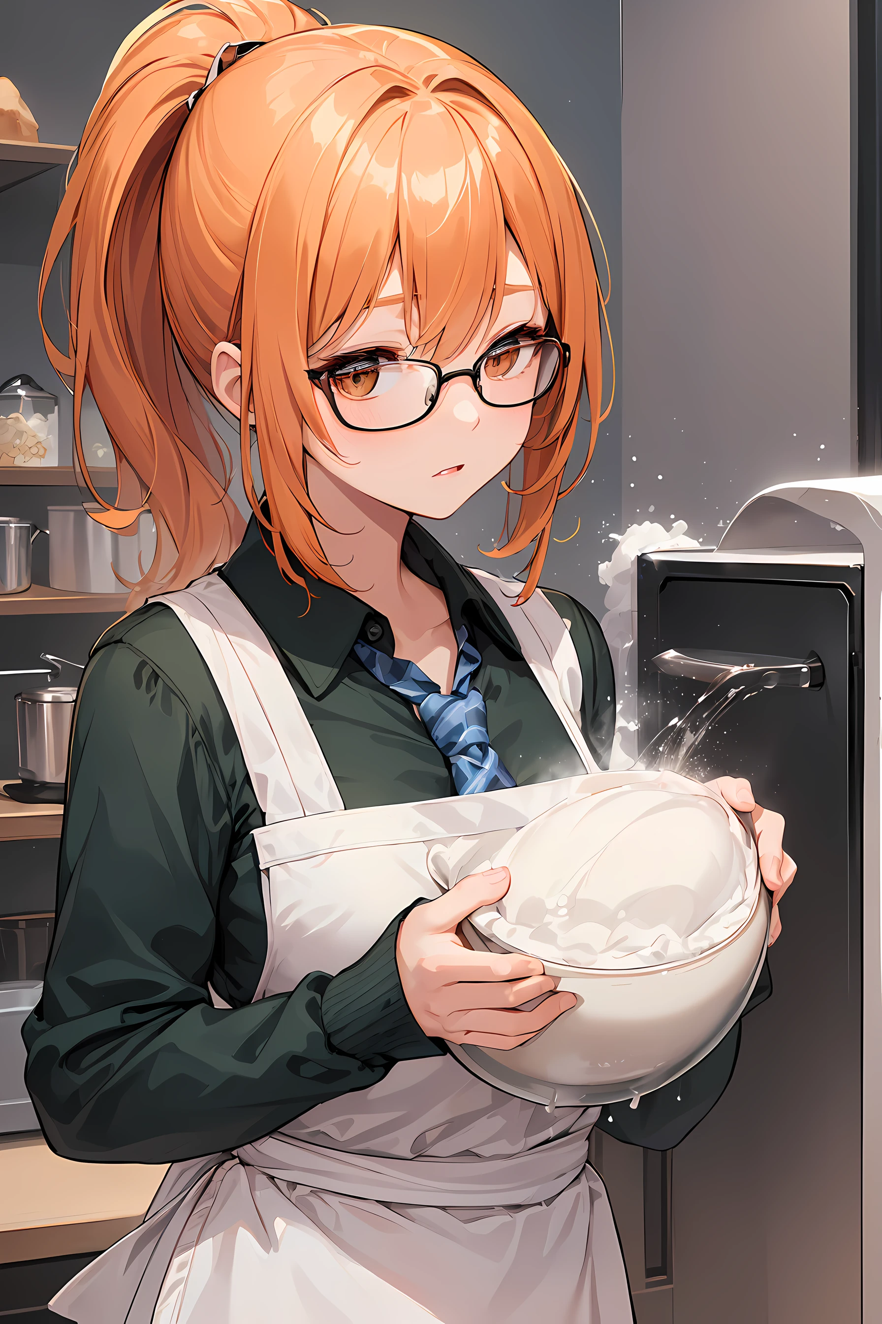 (1glasses girl:1.3, solo), (baking cooker:1.3), (a extremely pretty and beautiful Japanese woman), (sexy girl), (professional sexy attire:1.3), (22 years old: 1.1), (cooking in the kitchen:1.3), (spills powder:1.3), (splashes of powder:1.3), (panic expression:1.3), (confused:1.3), (panic situation:1.3), (attractive random posing: 1.3), (in the baker kitchen:1.3), (splash playing white powders background:1.3),
BREAK,
(ponytail:1.3), (shiny-orange thin hair:1.3), bangs, dark brown eyes, beautiful eyes, princess eyes, (big eyes:1.3), (wearing a glasses:1.3), Hair between eyes, (shortt hair :1.3), (slender:1.1), (small-medium-breasts:0.95), (thin waist: 1.15), (detailed beautiful girl: 1.4), Parted lips, Red lips, full-make-up face, (shiny skin), ((Perfect Female Body)), (Upper Body Image:1.3), Perfect Anatomy, Perfect Proportions, (most beautiful Korean actress face:1.3, extremely cute and beautiful Japanese actress face:1.3),
BREAK,
(View viewer, wearing a school girl uniform, (insanely detailed collared shirt:1.3, long-sleeve:1.3), (blue tie:1.3), (dark-green box-skirt:1.3), (green apron:1.3), (black enamerl booties:1.3), detailed clothes,
BREAK,
(detailed simple baker kitchen background:1.3), (kitchen, baking setup), (Studio soft lighting: 1.3), (fake lights: 1.3), (backlight: 1.3),
BREAK,
(Realistic, Photorealistic: 1.37), (Masterpiece, Best Quality: 1.2), (Ultra High Resolution: 1.2), (RAW Photo: 1.2), (Sharp Focus: 1.3), (Face Focus: 1.2), (Ultra Detailed CG Unified 8k Wallpaper: 1.2), (Beautiful Skin: 1.2), (pale Skin: 1.3), (Hyper Sharp Focus: 1.5), (Ultra Sharp Focus: 1.5), (Beautiful pretty face: 1.3), (super detailed background, detail background: 1.3), Ultra Realistic Photo, Hyper Sharp Image, Hyper Detail Image,