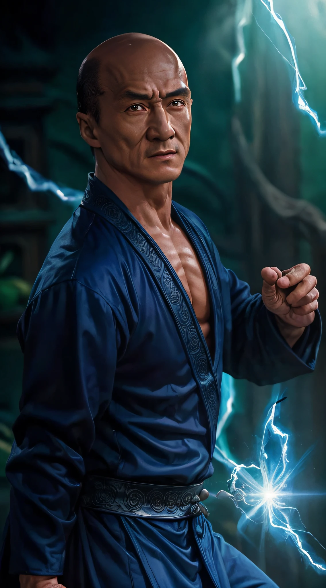 actor ((Jackie Chan)) as Shang Tsung, Mortal Kombat, ((old)), sinister-looking, ((bald spot)), ((goatee)), dark blue long robe, green transparent souls on background, intricate, high detail, sharp focus, dramatic, photorealistic painting art by greg rutkowski