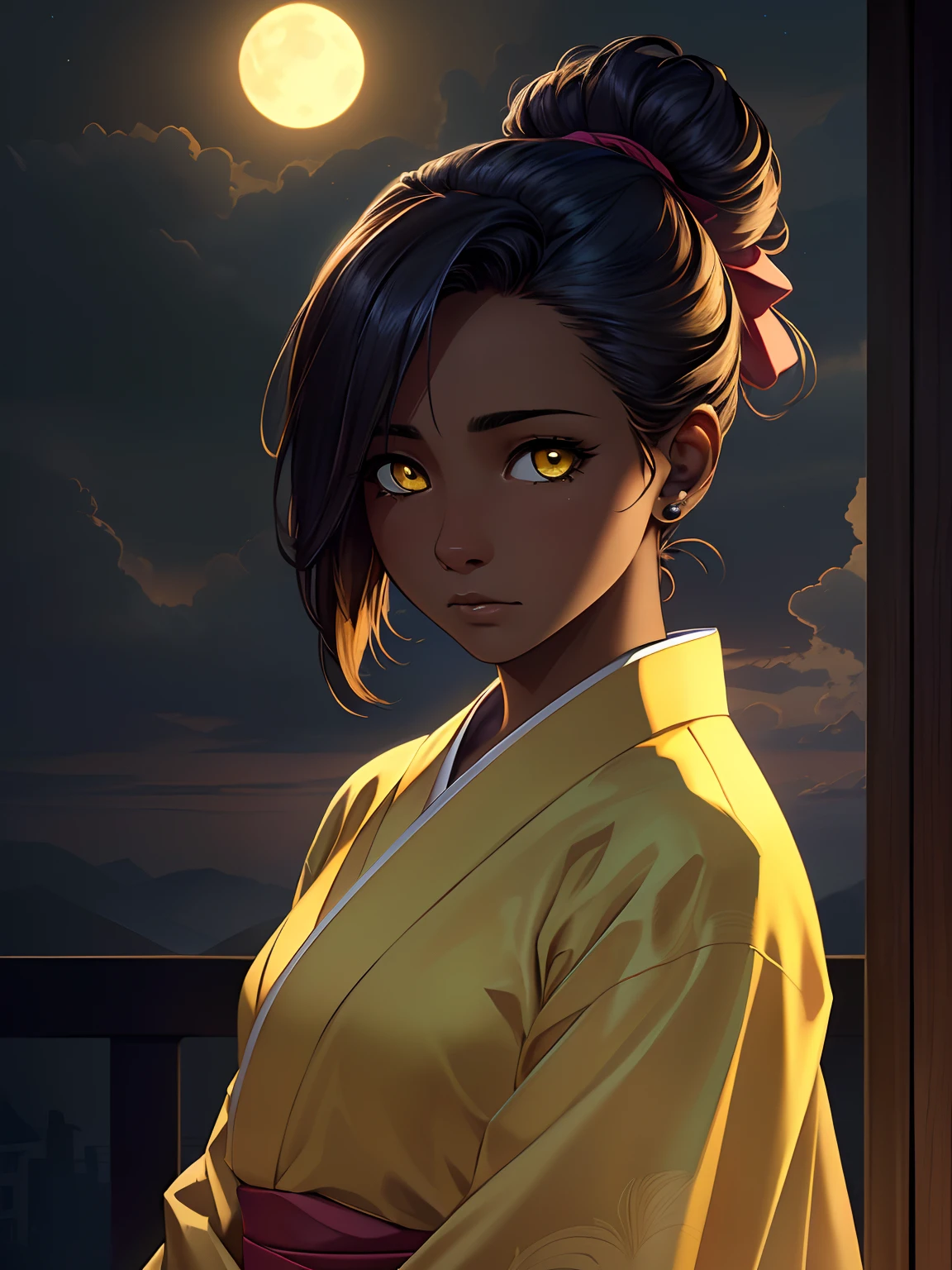 1 girl, (dark skin:1.2), shy, cute, cold expression, (8k, RAW photo, best quality, masterpiece:1.2), (realistic, photorealistic:1.2) (ultra-detailed, Super detailed:1.2), vivid colors, studio lighting, Yellow coloured eyes, blank eyes, Night clouds background, Aesthetic, romantic, Luna, Wearing a kimono, short swept back hair