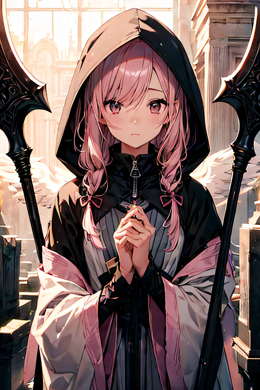 With a girl in a cute hood wrapped in thick fog、Female Grim Reaper Protecting Girl Behind,Wielding a scythe,Emerge from the swirling shadows.Stand in the Cemetery of Forgotten Souls.(Light brown and light pink striped hair:1.3,),Perfect face,Proper body proportion,masutepiece,Super high-quality output images,超A high resolution,Intricate details,Very delicate and beautiful hair,photographrealistic,Dreamy,Professional Lighting,realistic shadow,Solo Focus,Beautiful hands,Beautiful fingers,Detailed finger features,detailed clothes features,Detailed hair features,detailed facial features,