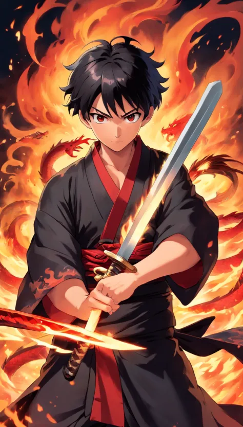 (detailed,realistic) Man with short black hair and mustache, wearing a black and red dragons details kimono, wielding a sword engulfed in black flames, in the style of Demon Slayer