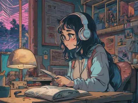 (Lofi), A girl studying on the table in her room, reading a book, wearing glass, wearing a head phone, 1970 indoor materials, ni...