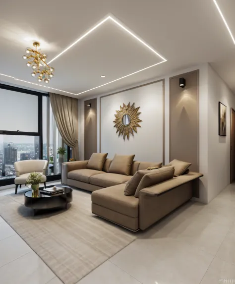 arafed view of a living room with a couch and a coffee table, luxury condo interior, fancy apartment, interior living room, living room, luxurious environment, city apartment, elegant render, luxury hd render, lounge room, apartment design, modern living r...