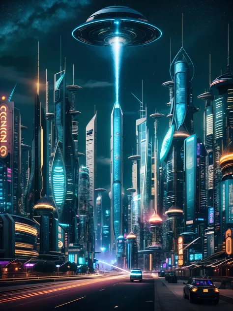 ，Masterpiece, Best quality，8K, 超高分辨率，in a futuristic world，The stunning futuristic city looks especially spectacular against a d...