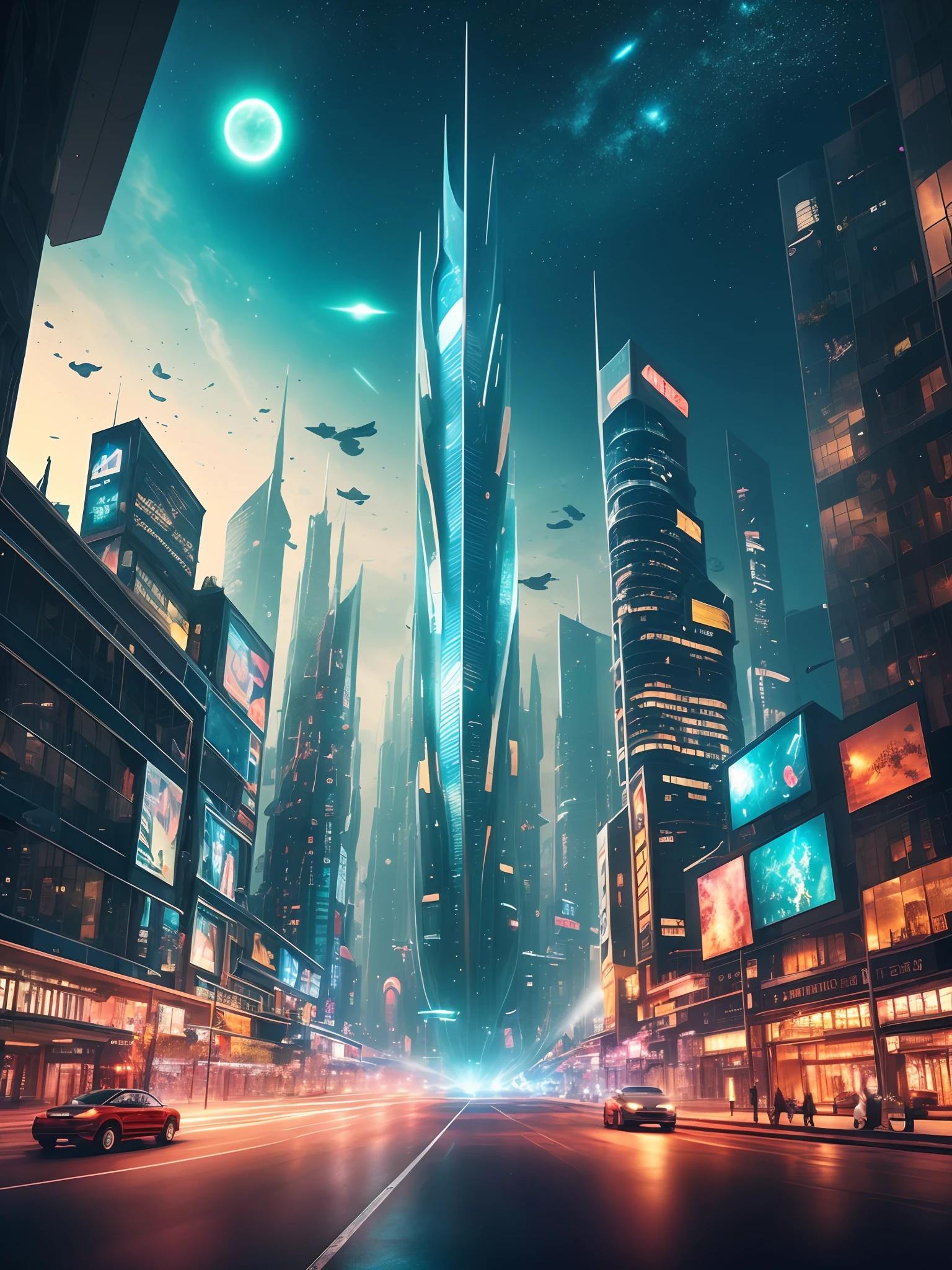 ，obra maestra, mejor calidad，8K, ultra alta resolución，en un mundo futurista，La impresionante ciudad futurista se ve especialmente espectacular contra un fondo oscuro.。Los imponentes rascacielos se alinean en las torres de mil pisos.，luces brillando，Salpicado de puntos de luz en forma de estrella，Como estrellas centelleantes en la Vía Láctea。El diseño arquitectónico de la ciudad es peculiar y extraordinario.，Las fachadas de los rascacielos brillan intensamente，Es como si cobrara vida gracias a la luz de las estrellas en el cielo nocturno.。 En esta ciudad futurista，Una fusión de tecnología moderna y elementos de fantasía.，Da una sensación misteriosa y mágica.。Coches circulando a toda velocidad por la calle，Deja líneas brillantes，Los dirigibles vuelan en el aire entre edificios.，Deja cadenas de pistas brillantes。Toda la ciudad está llena de luz.、Un ambiente mágico donde los colores bailan con tecnología futurista.。 En el corazón de esta ciudad futurista，Magnífica plaza，Mostrar la prosperidad de las civilizaciones futuras.。En el centro de la plaza hay una enorme fuente.，De él brotó un chorro de agua.，La superficie del agua refleja un poco de luz de estrellas.，Como si estuviera engastado con piedras preciosas。 El mapeo de fotones crea efectos de luz y sombras realistas.，Cada edificio、Cada hoja es refractada por la luz.。Las sombras largas se extienden hasta el suelo.，Hacer que toda la imagen sea más vívida y tridimensional.，It feels like you're en un mundo futurista。 Pasa una noche en esta ciudad futurista.，Los elementos de fantasía en el cielo nocturno son aún más fascinantes.。Luces similares a estrellas flotan en el aire.，Se formó un dosel enorme，Imágenes coloridas e historias de fantasía se reproducen constantemente.。Estas imágenes e historias transportan a la gente a un misterioso mundo virtual.，Evoca una imaginación infinita y el deseo de explorar.。 La imagen es llamativa.，Una descripción meticulosa del encanto único de la ciudad del futuro，Los efectos de luz y sombras realistas y los colores vivos hacen que toda la imagen esté llena de vida y vitalidad.。La perspectiva compositiva muestra sutilmente la inmensidad y el ajetreo de la ciudad.，Al mismo tiempo, Preste atención a la representación detallada de los personajes y